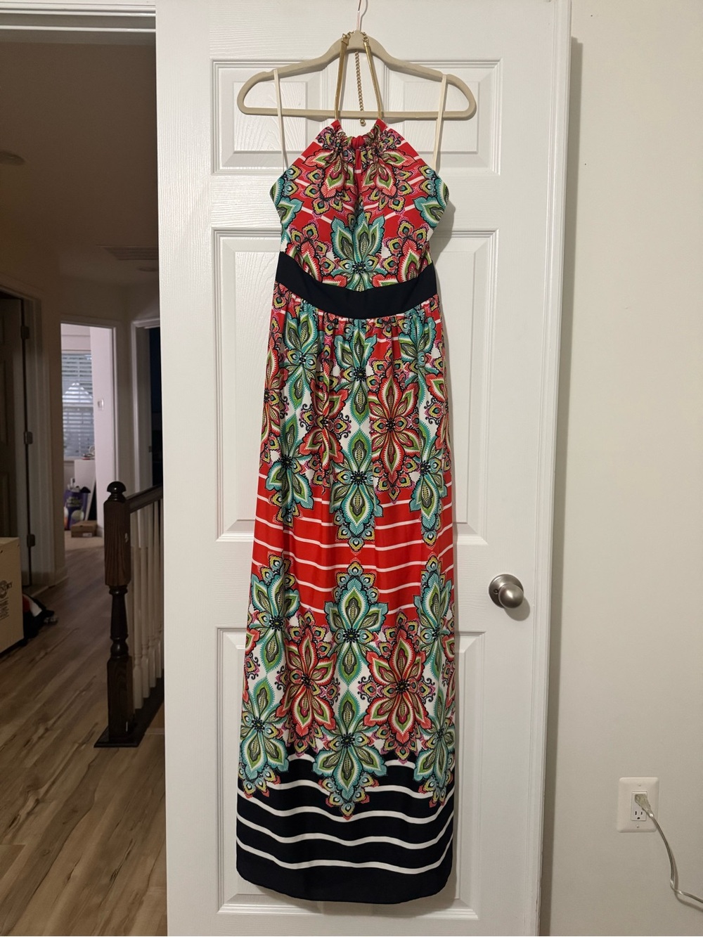 Eliza J Red Floral Halter Maxi Dress with Black Waistband